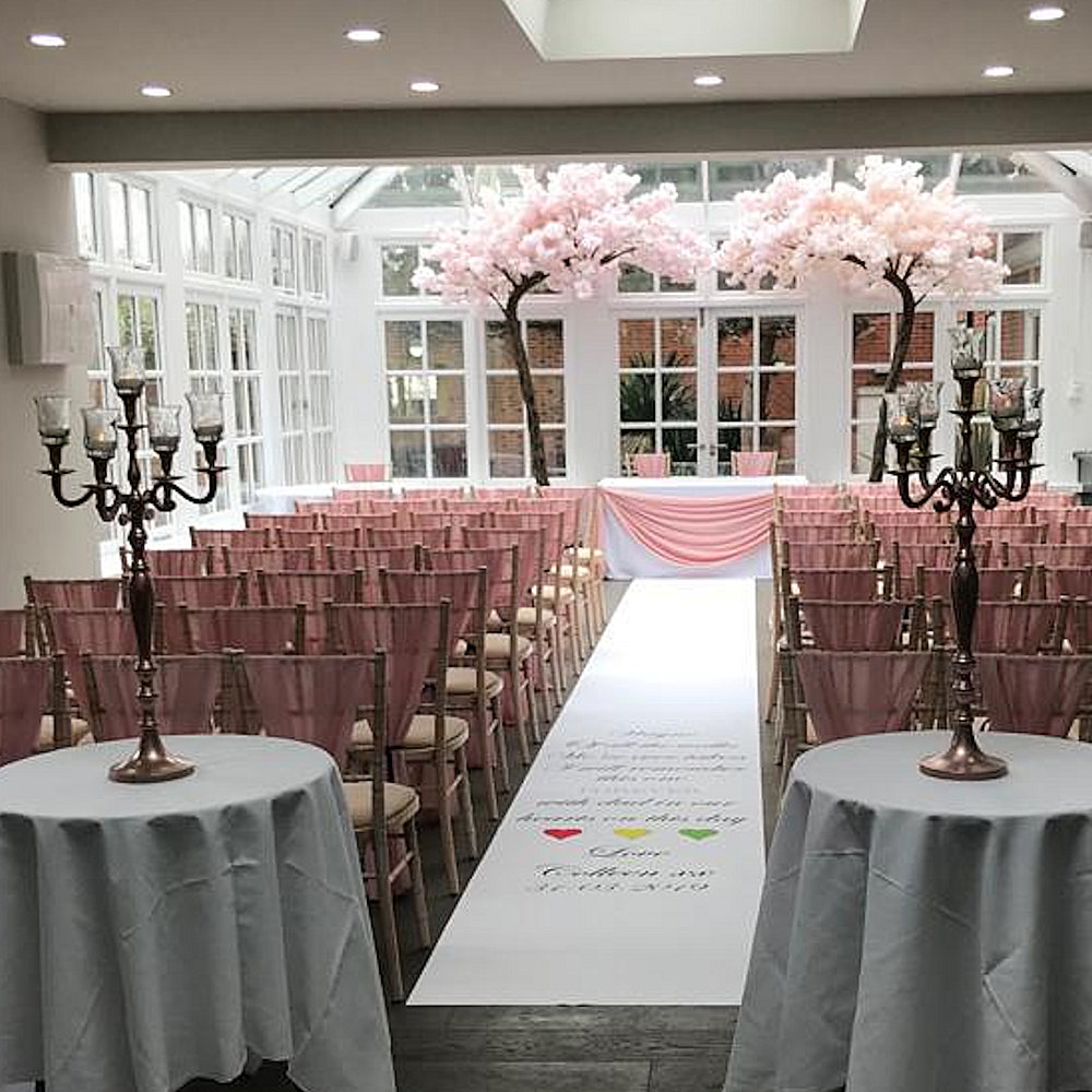 Hunton new hazelwood pink blossom trees vertical chair drape rose gold candleabra hurricane tops swags garland (6)