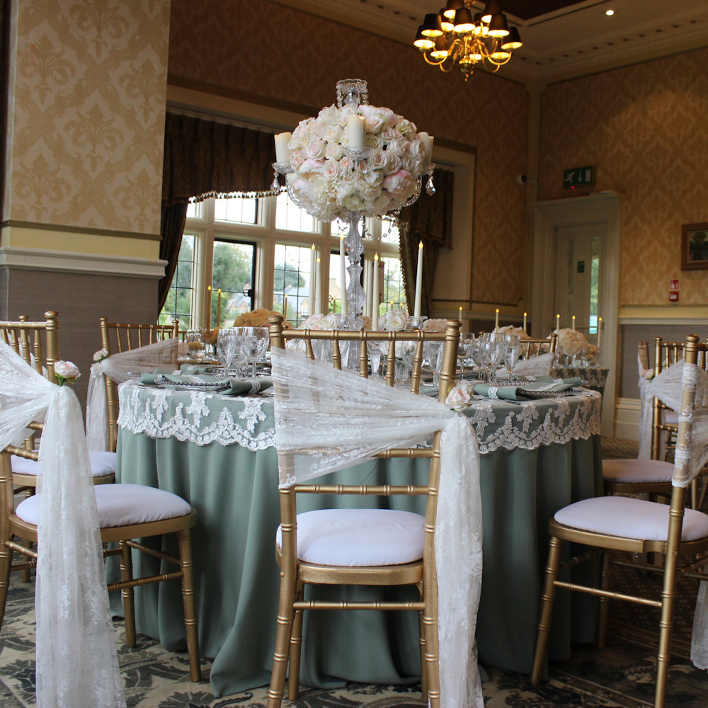 Gold Chiavari Chairs with Lace & Pearls at Shendish Manor