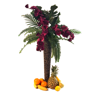 Tropical Flower Centrepiece with Leopard Print Vase & Fruit