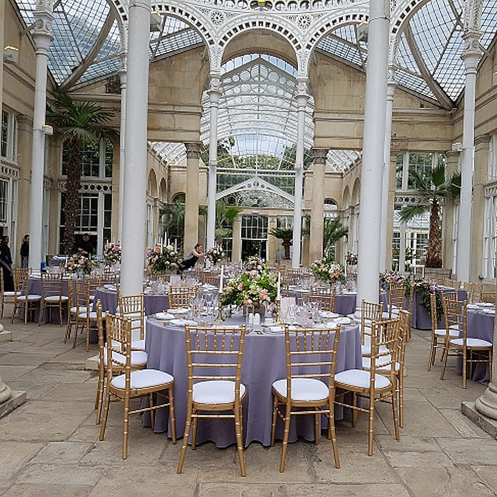 Lilac tablecloths with Gold Chiavari Chairs at Syon Park