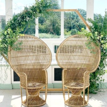 Natural Twist Base Wicker Peacock Throne Chair Hire with Moon Arch