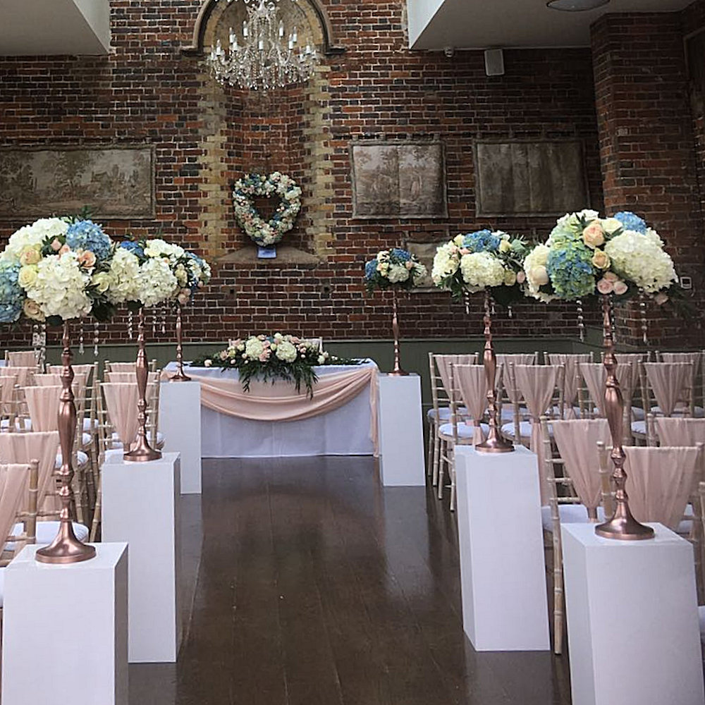 Offley Place - Blush Pink & Blue ceremony fresh flowers white mdf plinhs ros gold candleabras no arms swag (2)