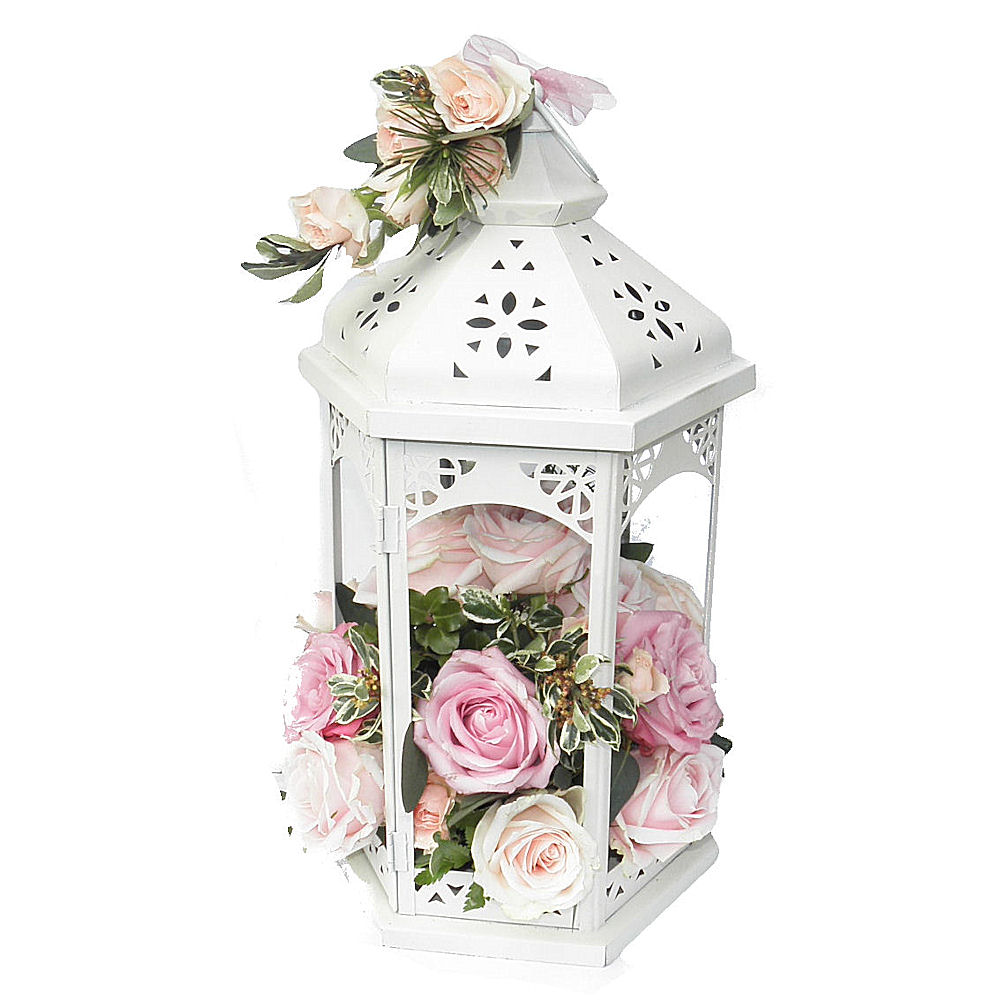 Ivory Vintage Lantern with LED Pillar Candle, Flowers inside & on top 1