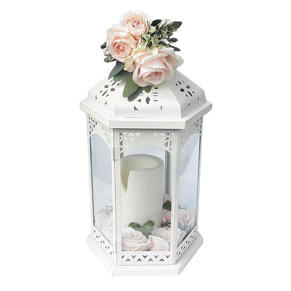 Ivory Vintage Lantern with LED Pillar Candle and Flowers on top