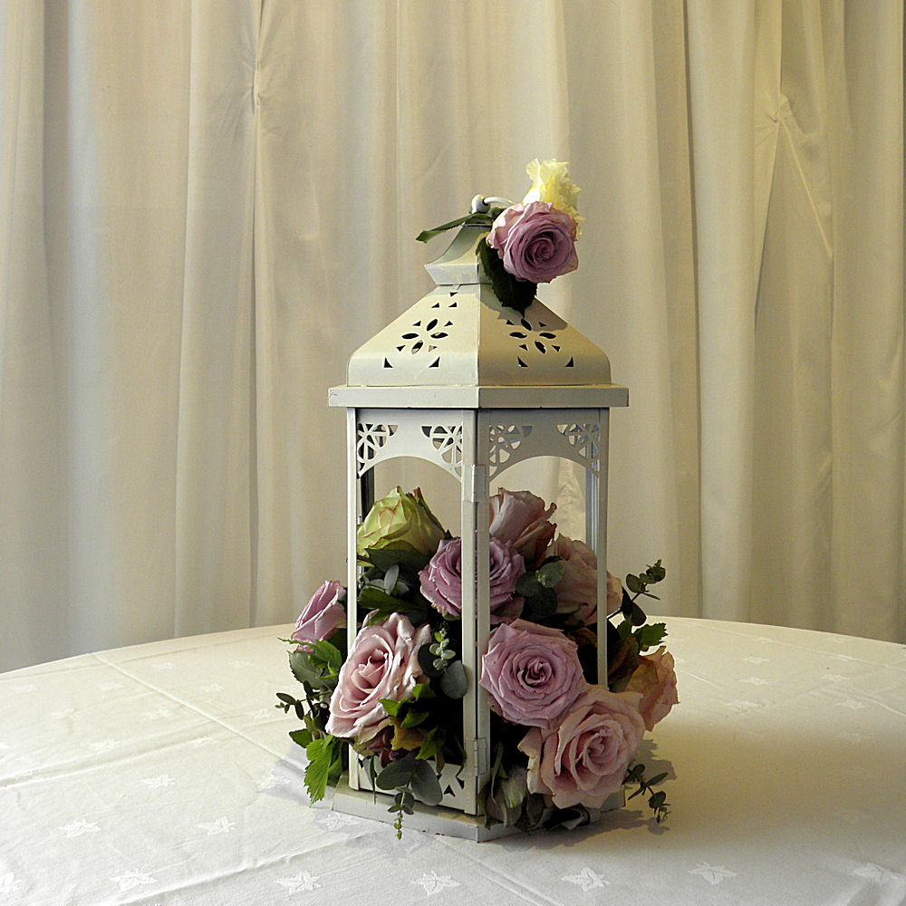 Ivory Vintage Lantern with LED Pillar Candle, Flowers inside & on top 2