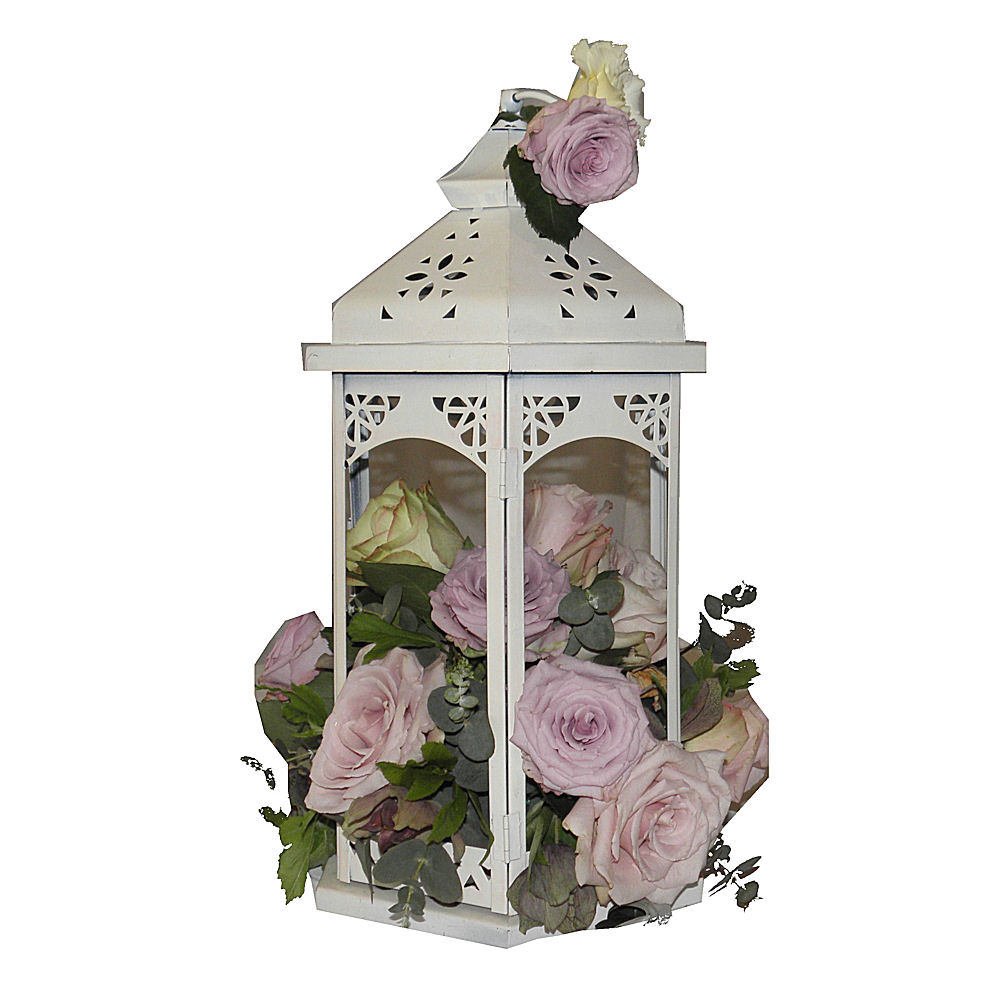Ivory Vintage Lantern with LED Pillar Candle, Flowers inside & on top 2