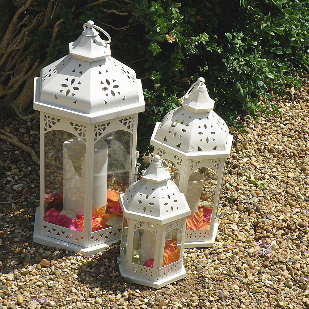 Set of 3 Ivory Vintage Lanterns with Flowers