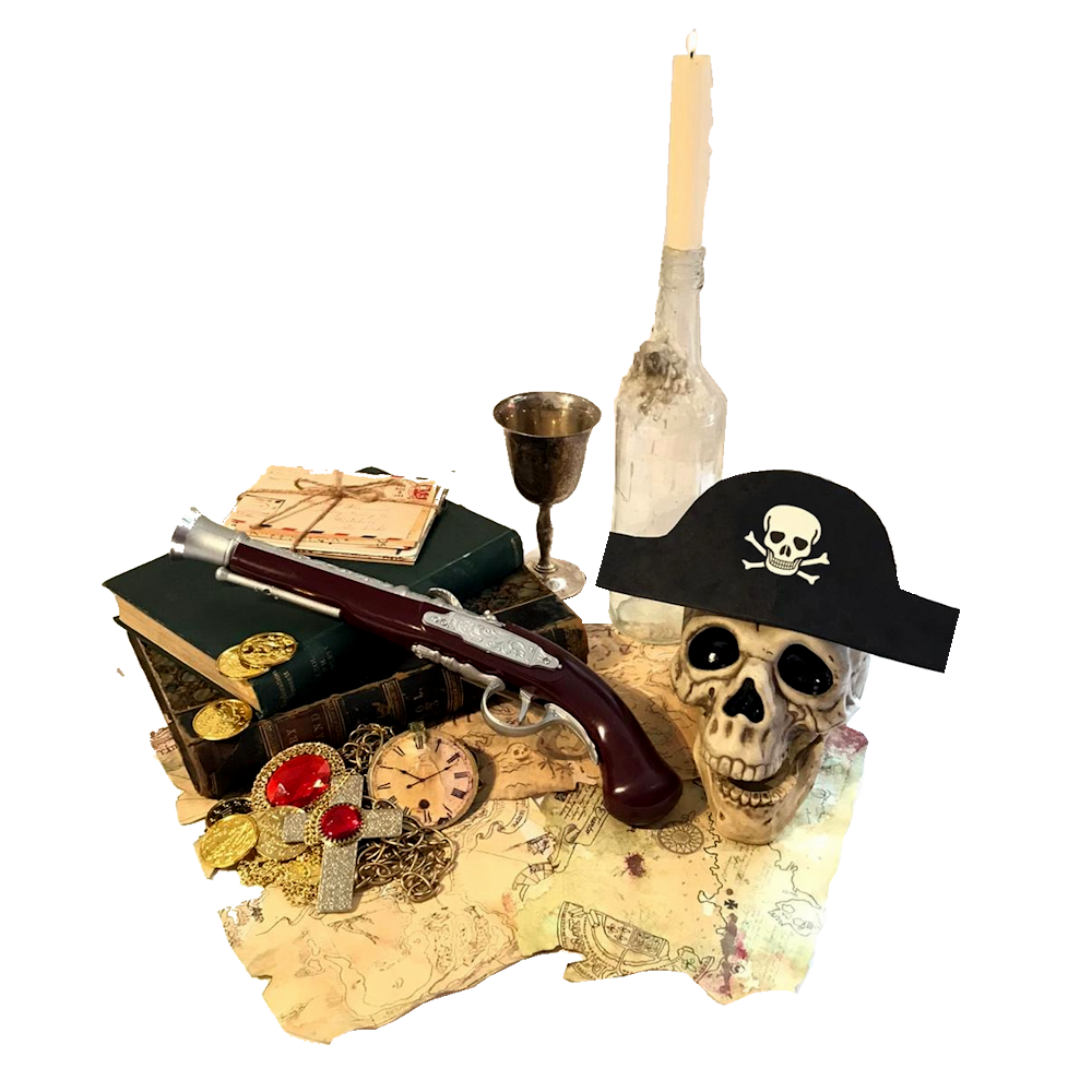 Pirate Themed Centrepiece with Skull, Hat, Gun, Books & Map