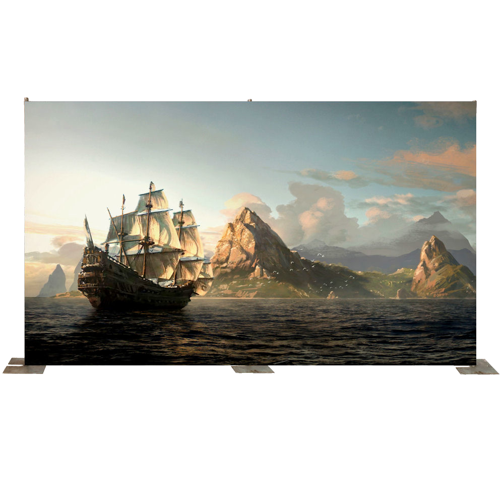 Pirate Ship, Islands with Mountains Backdrop
