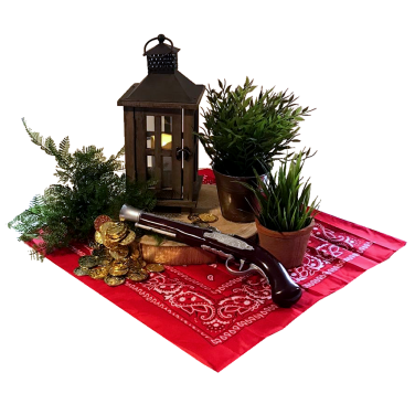 Woodern Lantern Centrepiece with Red Bandana, Coins & Pistol