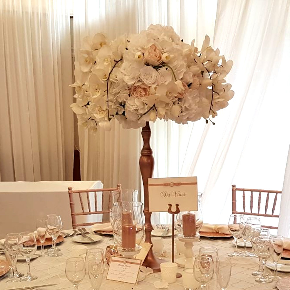 Rose gold white silk flowers candleabras ikea stands crackle tea light holders table number hurricane vase (4)