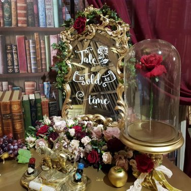 Gold Beauty & The Beast Mirror with Rose in Bell Jar