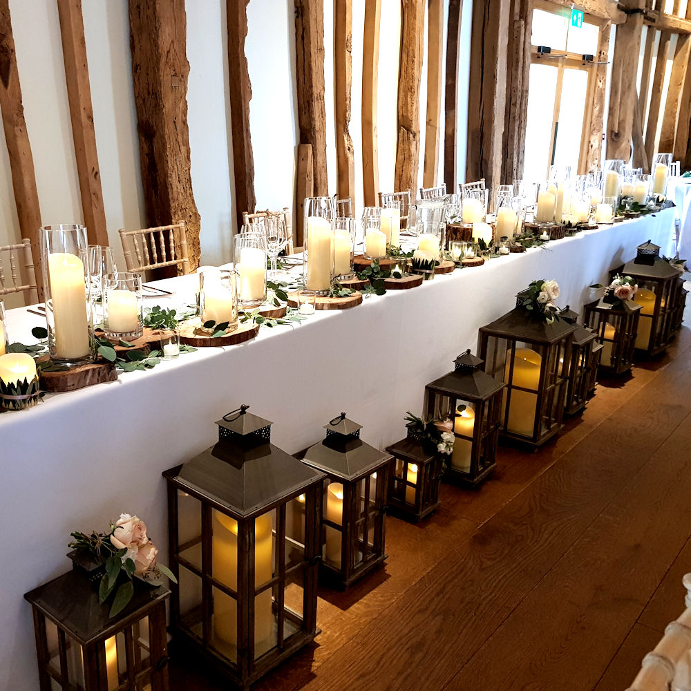 Rustic Wooden Lantern at Wedding Breakfast