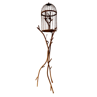 Vintage rustic large bird cage on twig stick stand