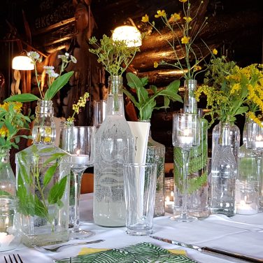 Glass Bottles with Yellow Flowers & Leaves