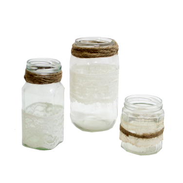 Glass Jam Jars with Lace & Hessian