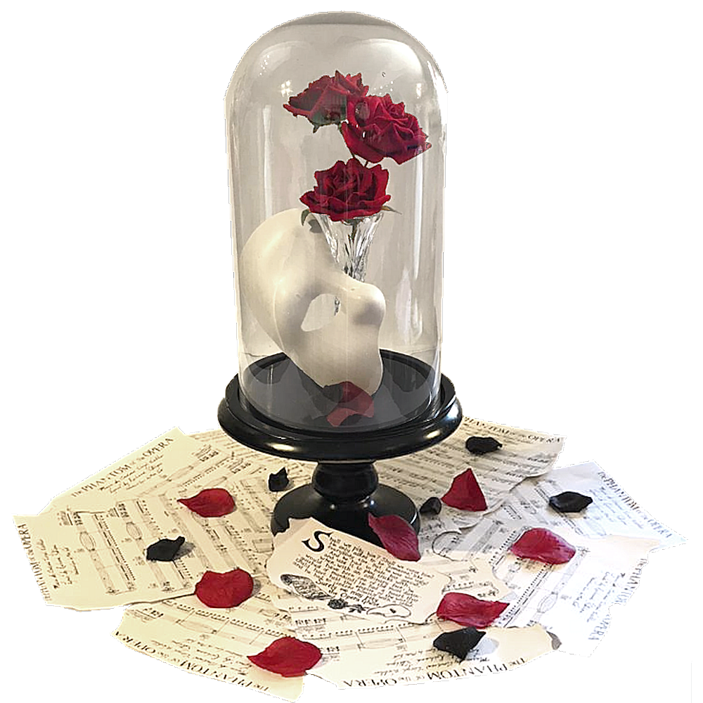 Bell Jar with Red Roses in Bud Vase, Phantom of the Opera Mask & Music Paper
