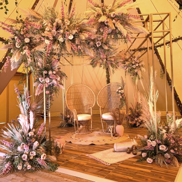 Blush Dusky Pink Boho Bohemian Wedding with Peacock Chairs