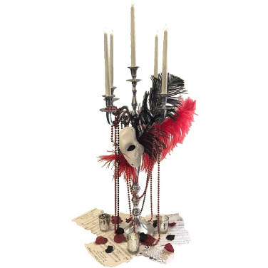 Candleabra with Black & Red Feathers & Phantom Mask with Beads