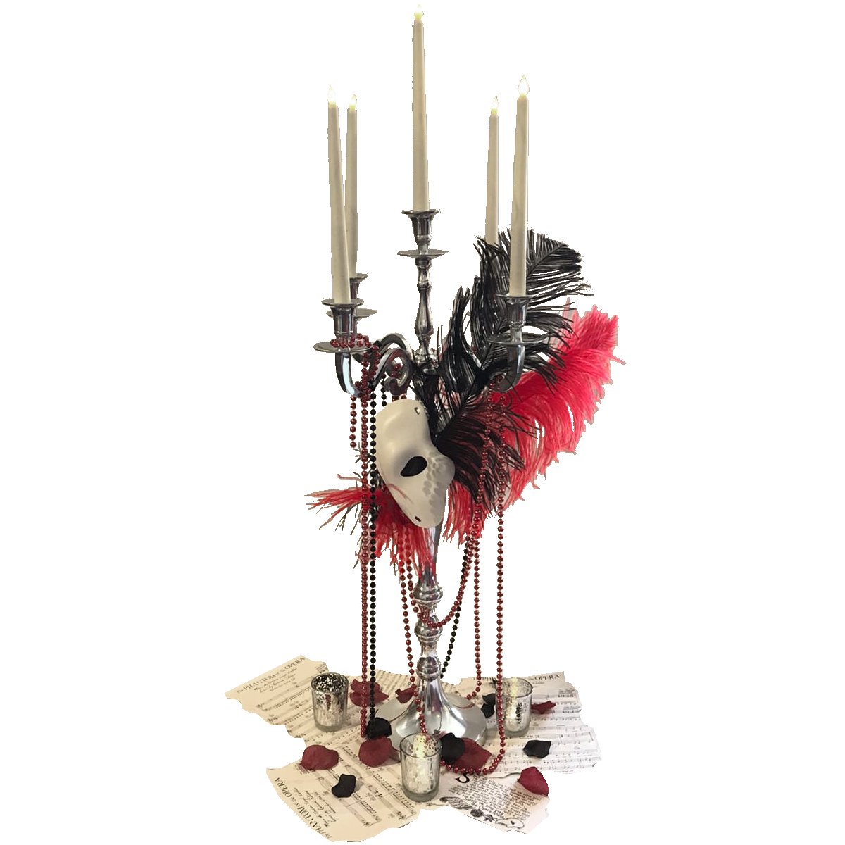 Candleabra with Black & Red Feathers & Phantom Mask with Beads