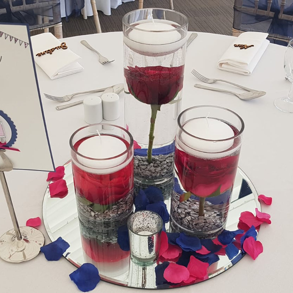 Shenley Summer Cerise and Navy bunting cylinder vases silver stones roses(5)