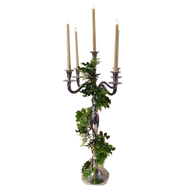 Silver Candelabra with mixed foliage greenery garland