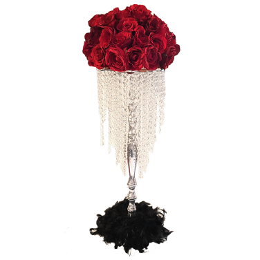 Table Chandelier with Red Rose Posy & Black Feather Boa