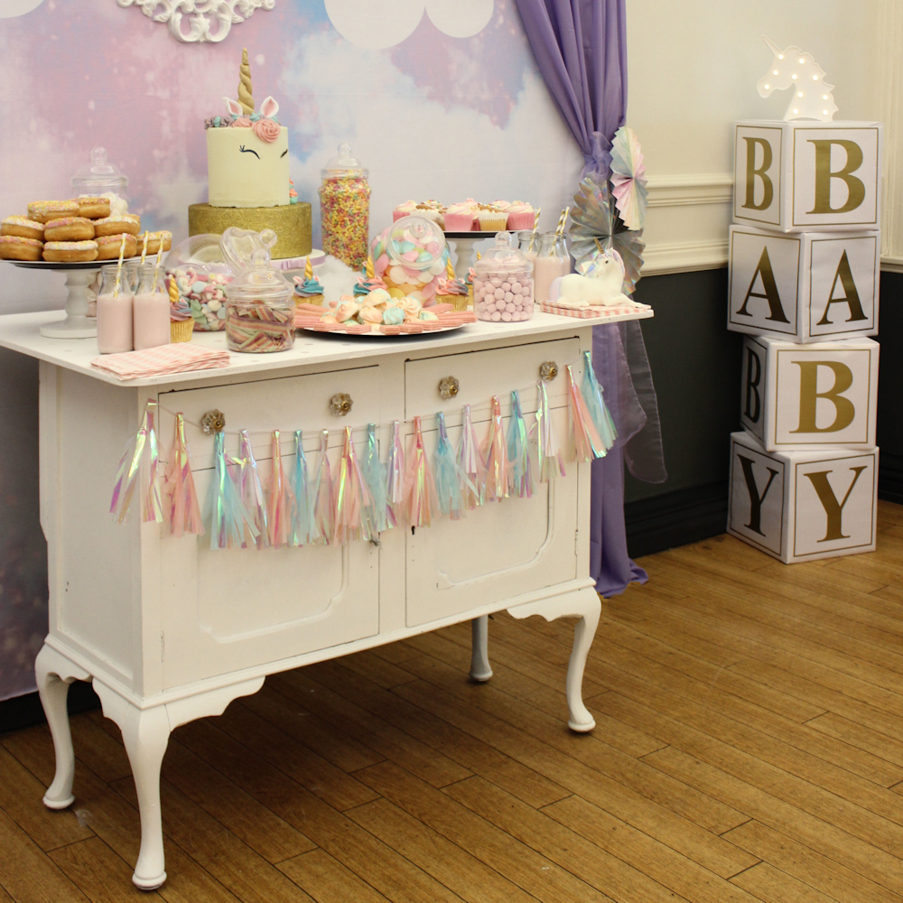 White Dresser Unicorn Baby Sower with Baby Blocks