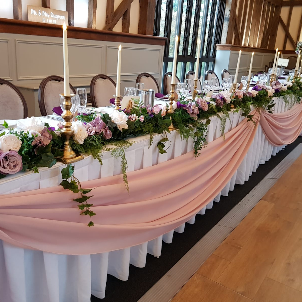 Essendon Top table foliage garland lilac blush swag flowers pleated tablecloth gold candle sticks led candles (1) - Copy