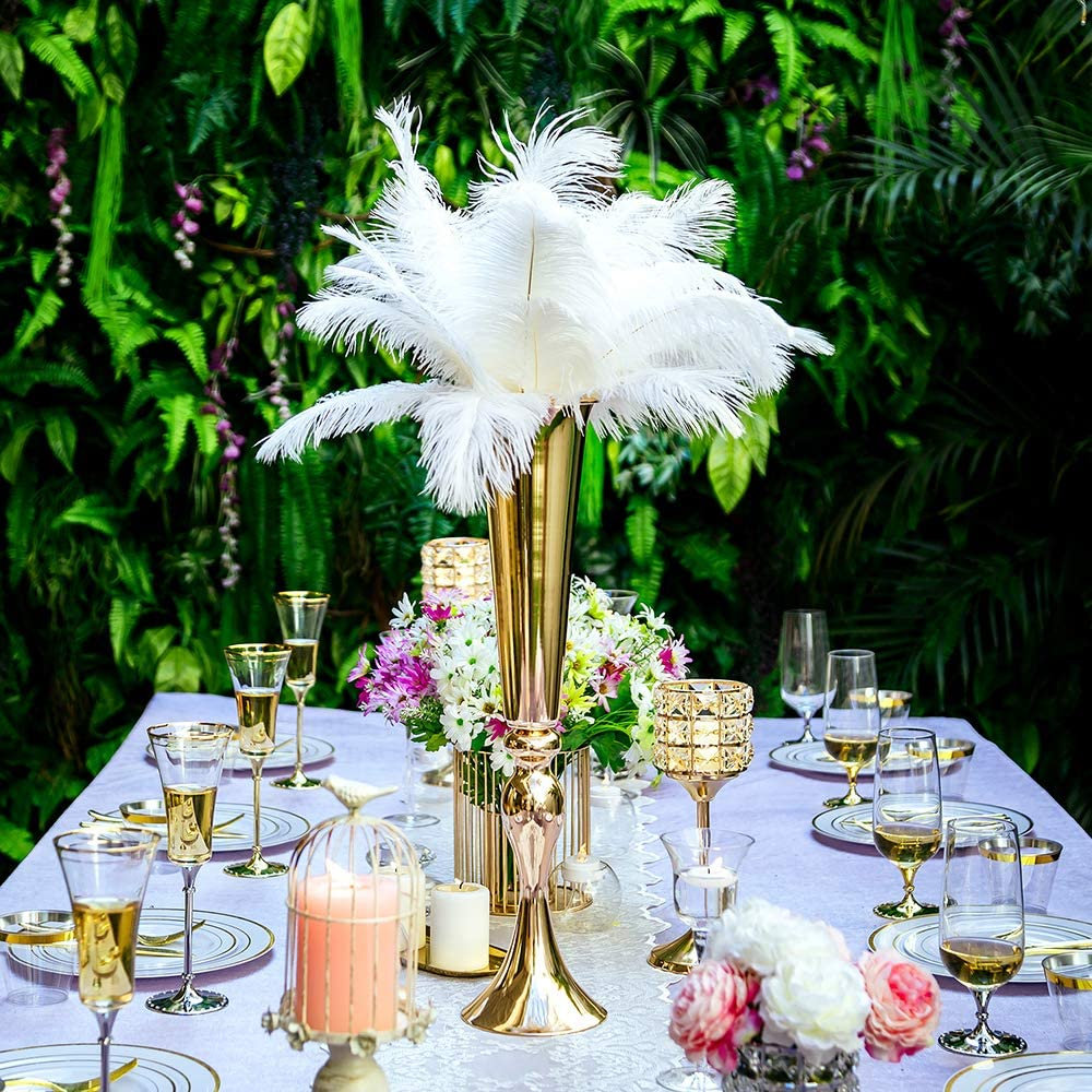 Gold Trumpet Vase Hire with Feathers