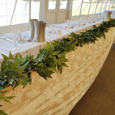 Hessian & lace top table swag ruschus garland shenley summer tree centrepiece
