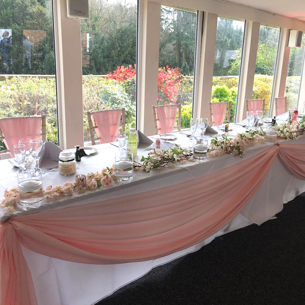 Hunton new hazelwood pink blossom trees vertical chair drape rose gold candleabra hurricane tops swags garland (12)