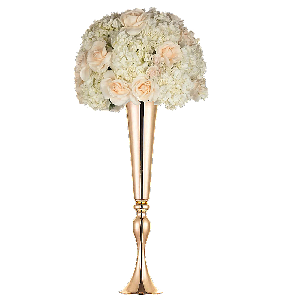 Gold Trumpet Vases with blush flowers