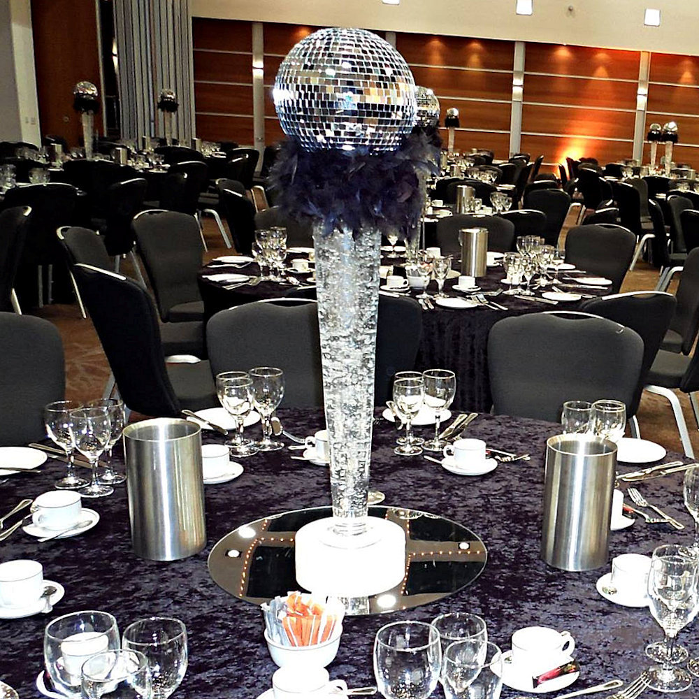 Mirror Ball Centrepiece with Black Feathers & Black Tablecloths
