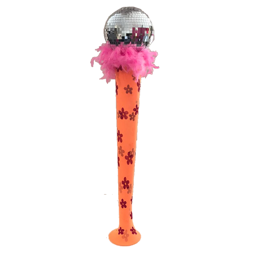 Mirror Ball Centrepiece with Orange Tights and Pink Feather Boa Flowers Sixties 60's