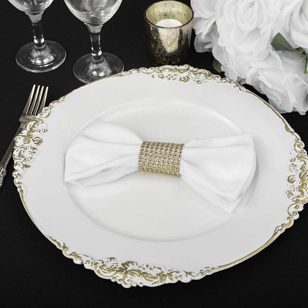White Baroque Charger Plate with Gold Edge, white napkin gold diamante