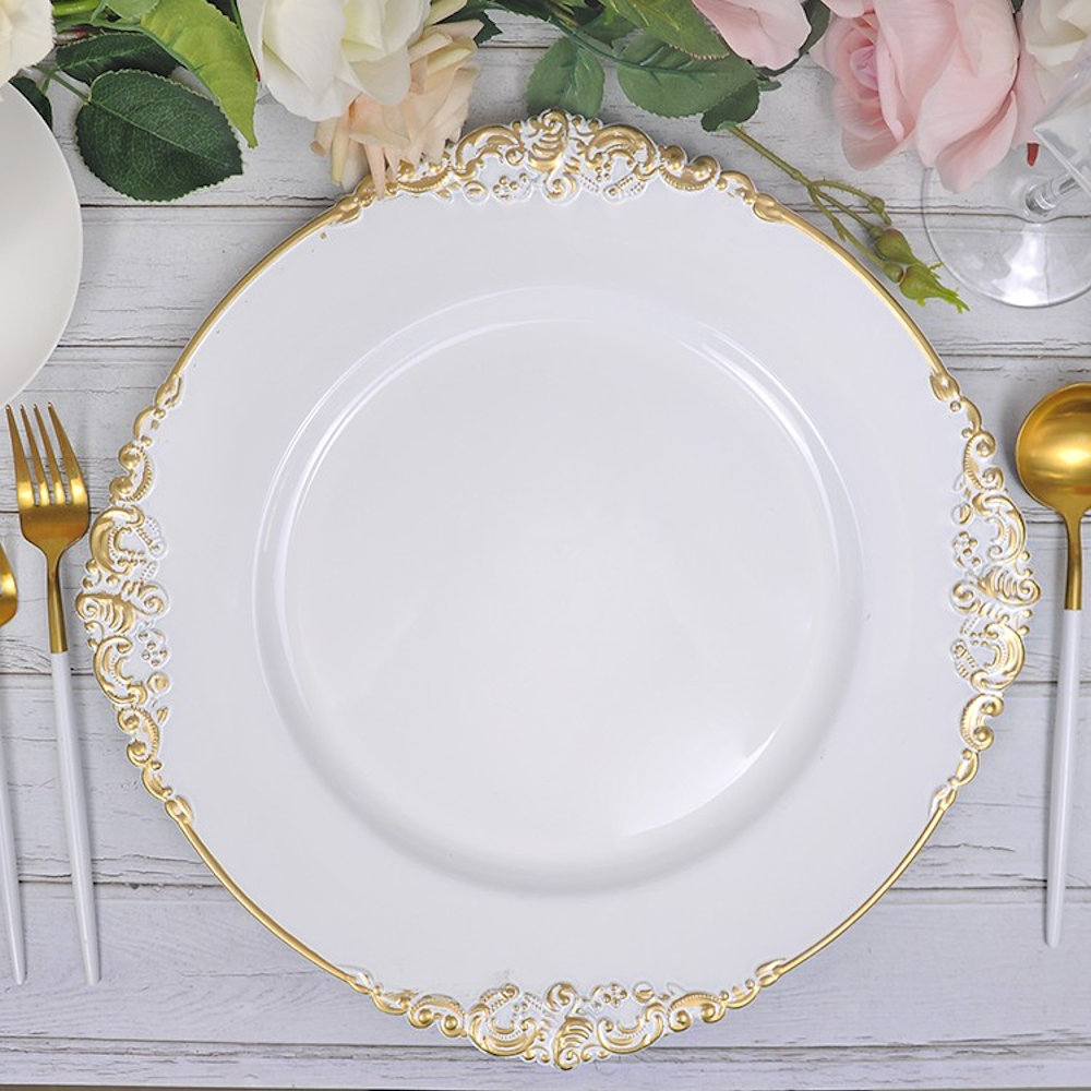 White Baroque Charger Plate with Gold Edge with gold white cutlery