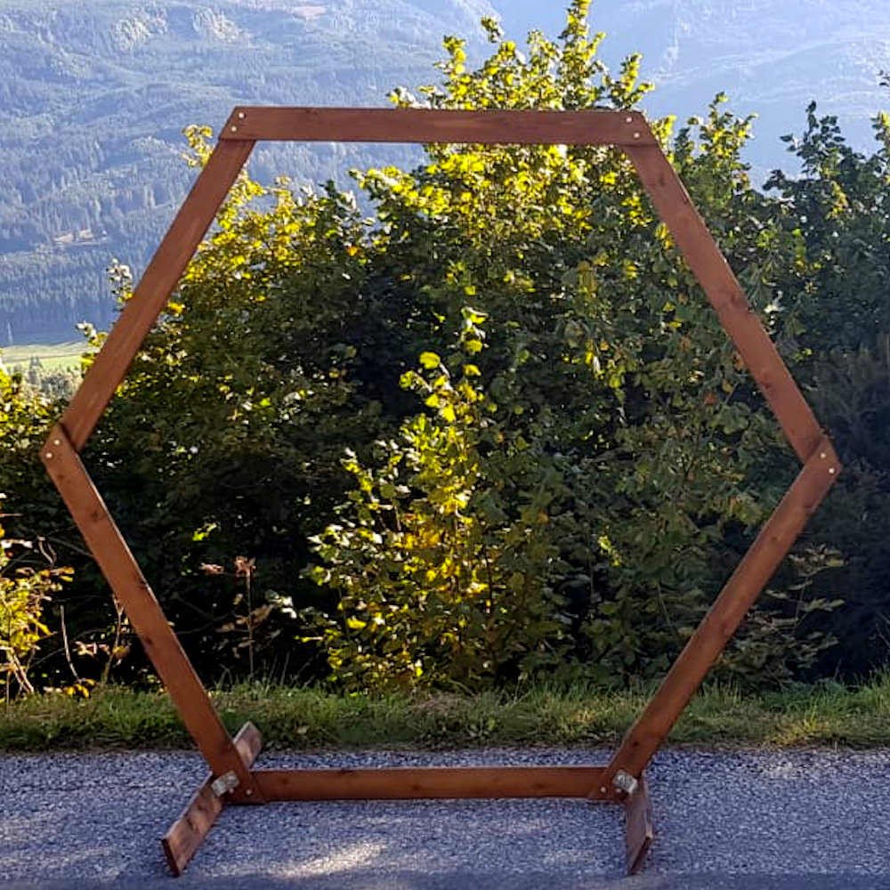 Wooden Hexagon arch backdrop Hire 2m