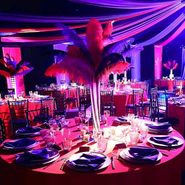 Harlequinn Vase with red purple & black feathers greatest showman circus centrepiece hire