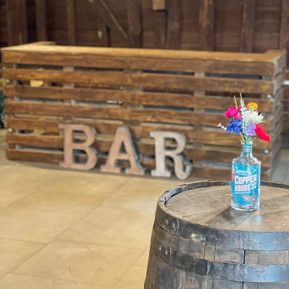 Light Up Bar Sign with Pallet Bar & Whiskey Barrel