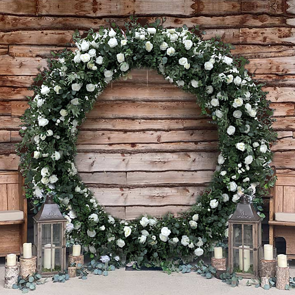 Moongate Arch 2.4m Against Wooden Wall with Rustic Lanterns