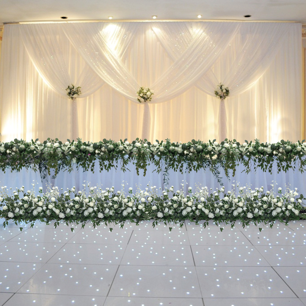 Top Table with messy flower runner & floor runner