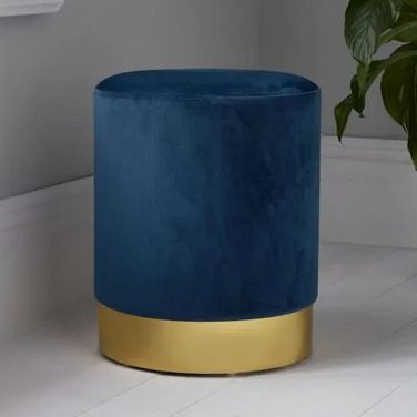 Blue Velvet Pouffe Ottoman with Gold Band Hire