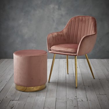Blush Dusky Pink Velvet Pouffe Ottoman with Gold Band Hire