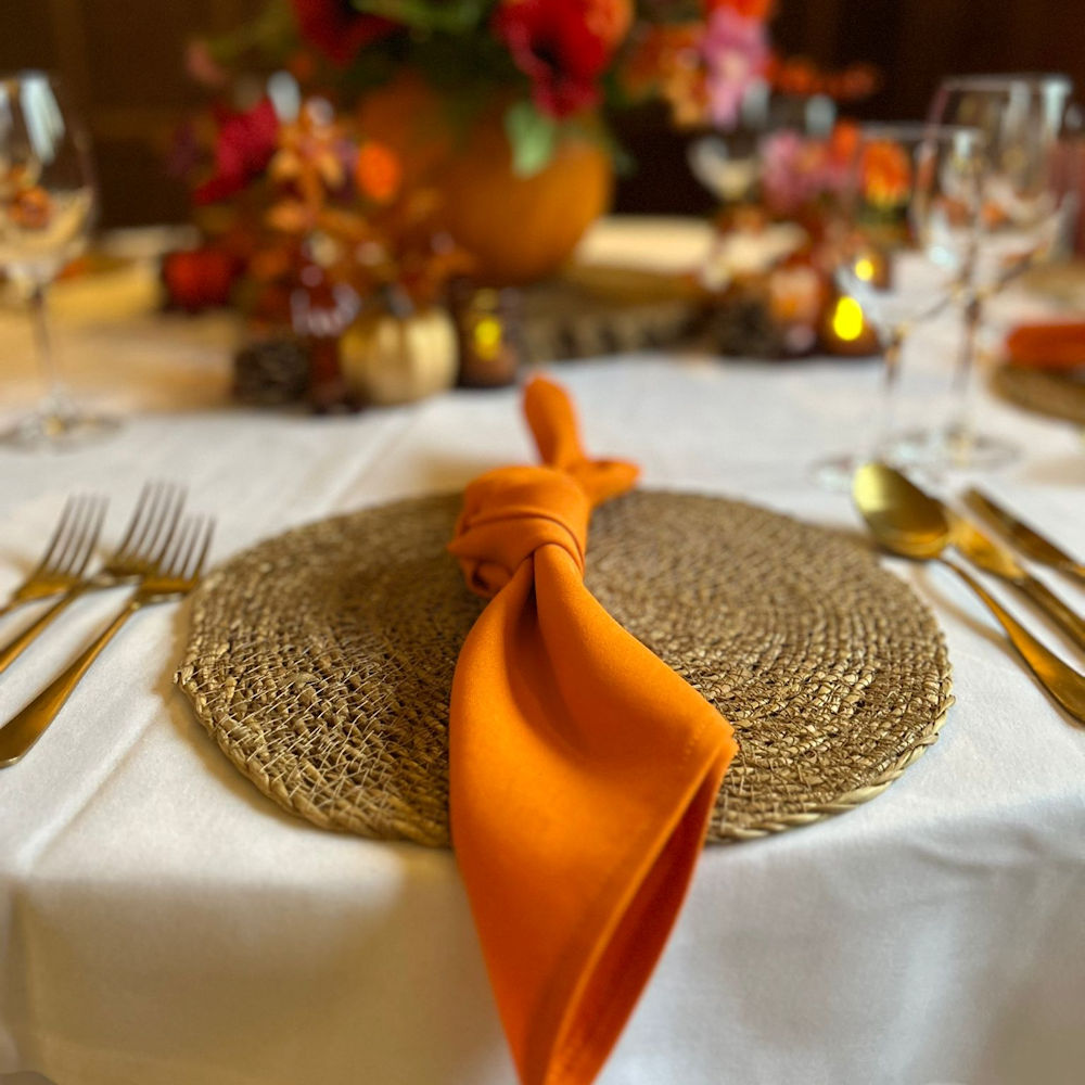 Rattan grass boho woven place mat placemat hire rent event wedding party Orange napkin