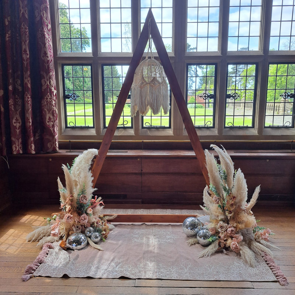 Rustic Boho Wooden Triangle Arch Backdrop with Macrame String Lampshade