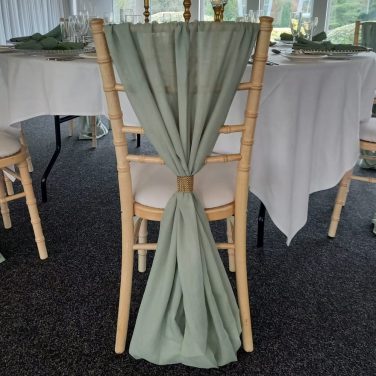 Limewash Chiavari with White Seat Pad & Sage Green Drape