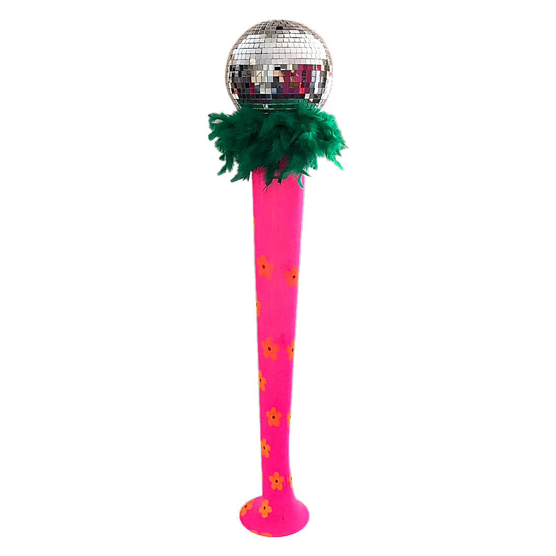 1960's Centrepiece Lily Vase floral dayglo with feather boas and 20cm mirror ball pink green