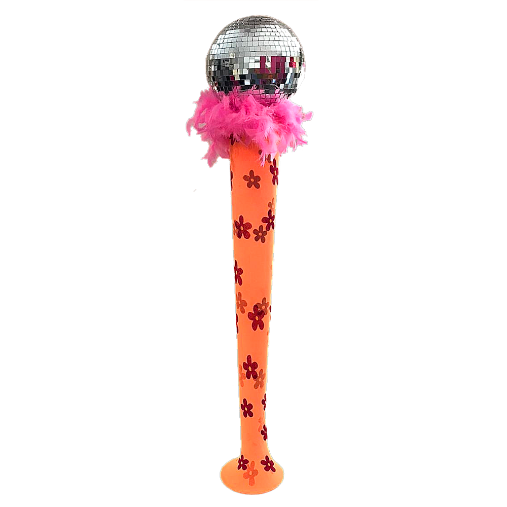 1960's Centrepiece Lily Vase floral dayglo with feather boas and 20cm mirror ball pink orange