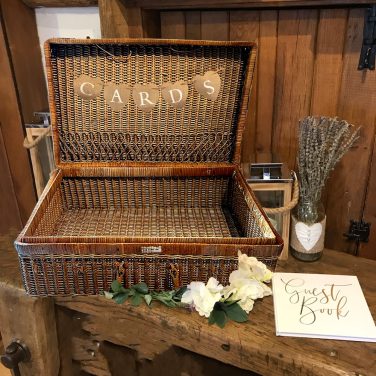 Wicker Suitcase Open with cards bunting Hire